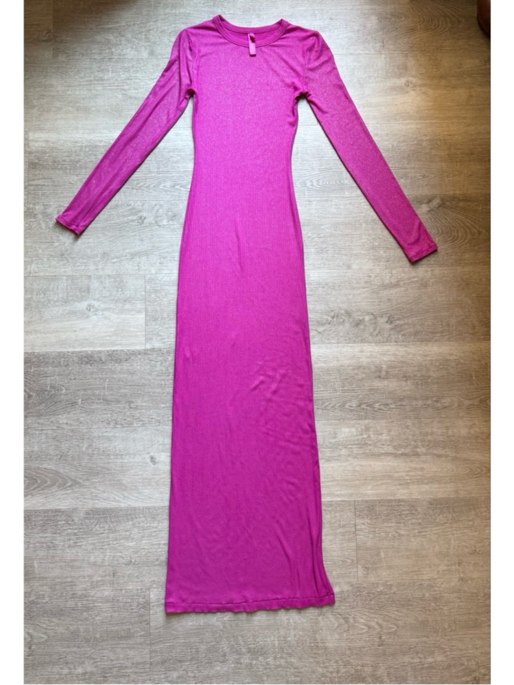 SKIMS Soft Lounge Shimmer Long Sleeves Ribbed Maxi Bodycon Fuschia Dress Size S - Picture 3 of 11